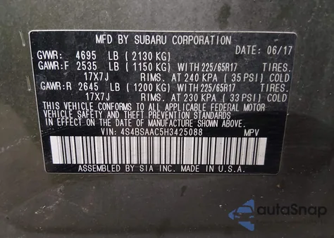 2017 Subaru Outback 2.5I из США, поврежденный, VIN 4S4BSAAC5H3425088